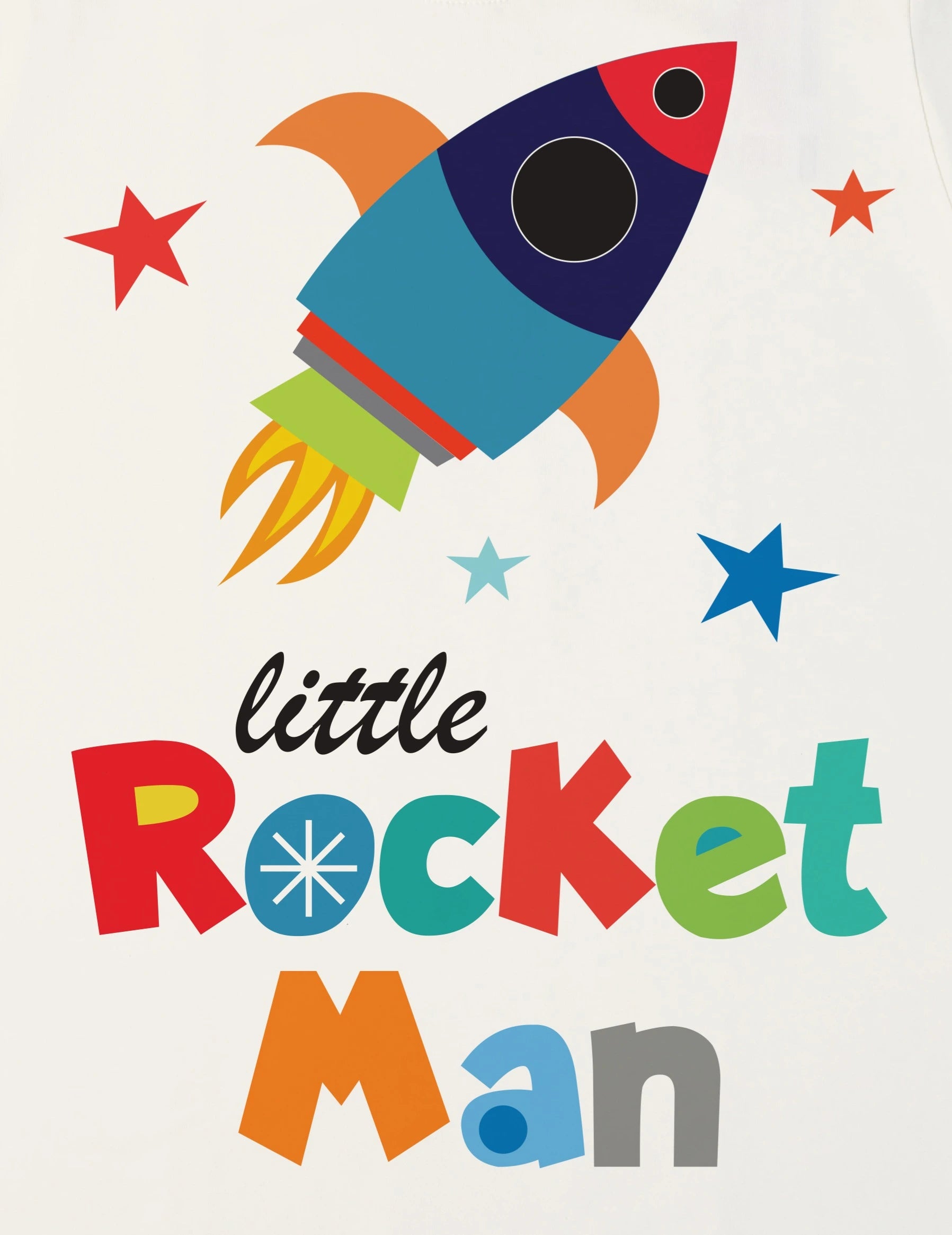 Colorful illustration of a rocket with 'little Rocket Man' text on a white background