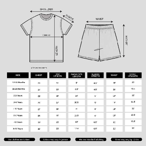 Measurement chart for t-shirt and shorts with size chart below.
