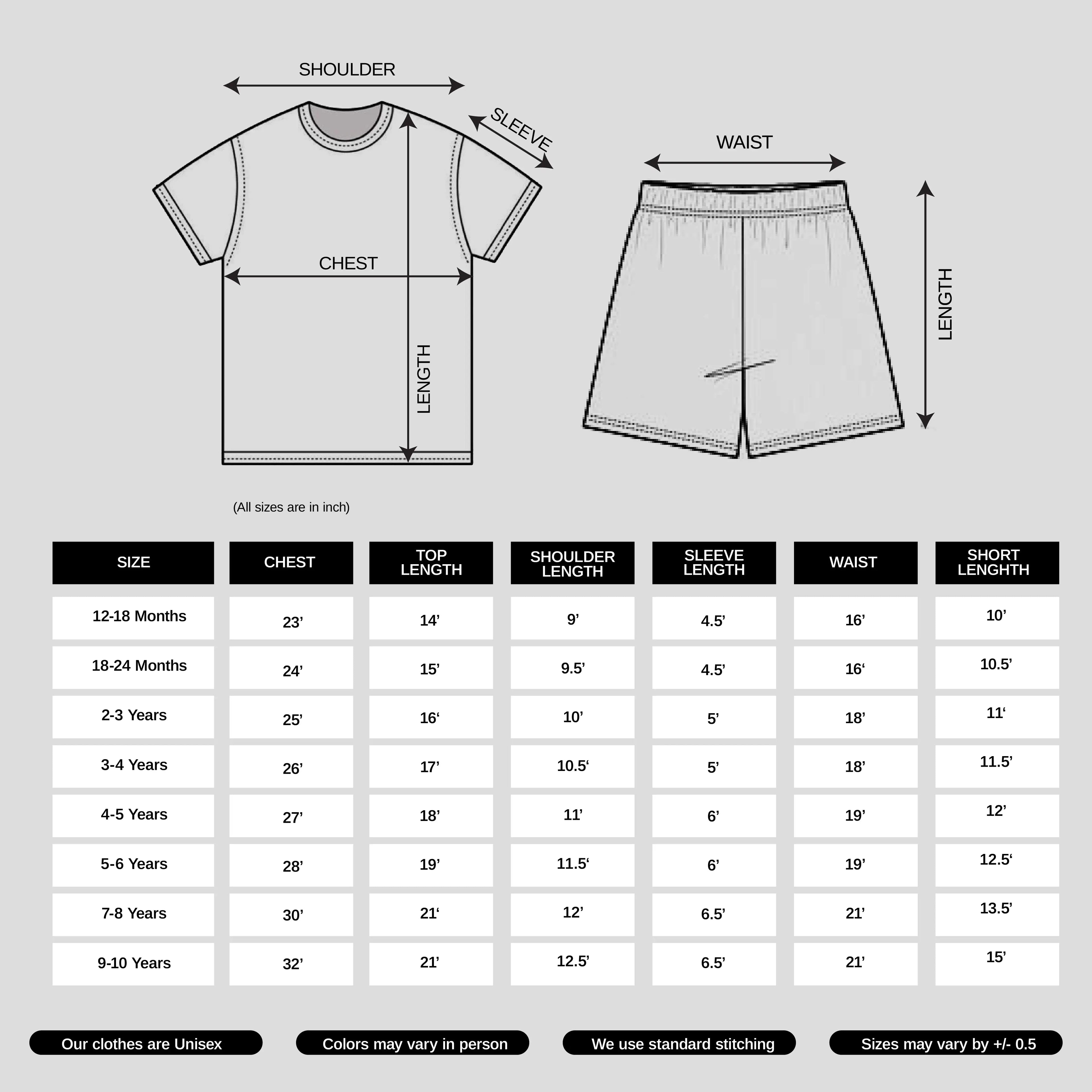 Measurement chart for shirts and shorts with size chart below.