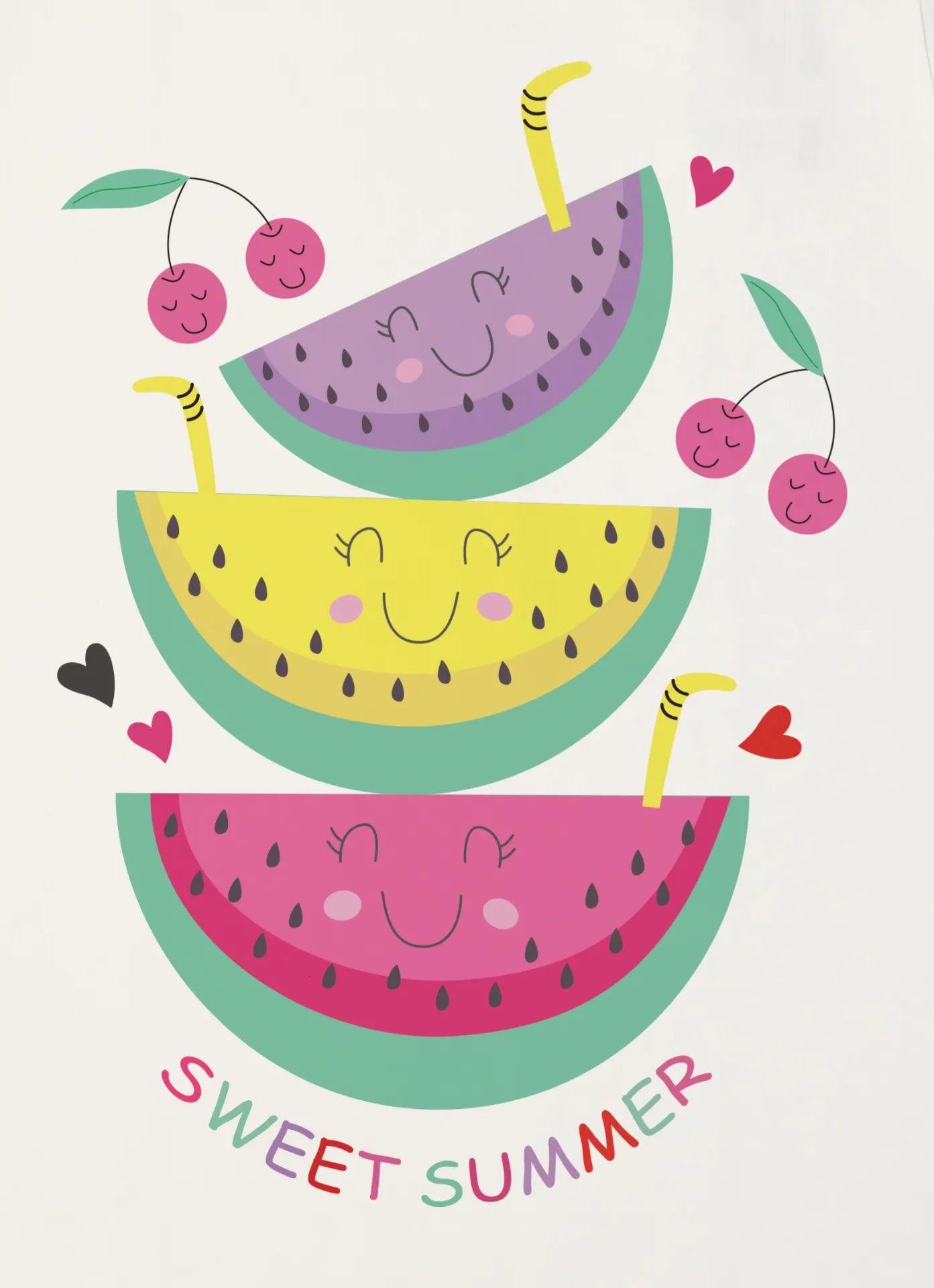 Colorful illustration of watermelon slices with cherries and straws on a white background, featuring the text 'Sweet Summer'.