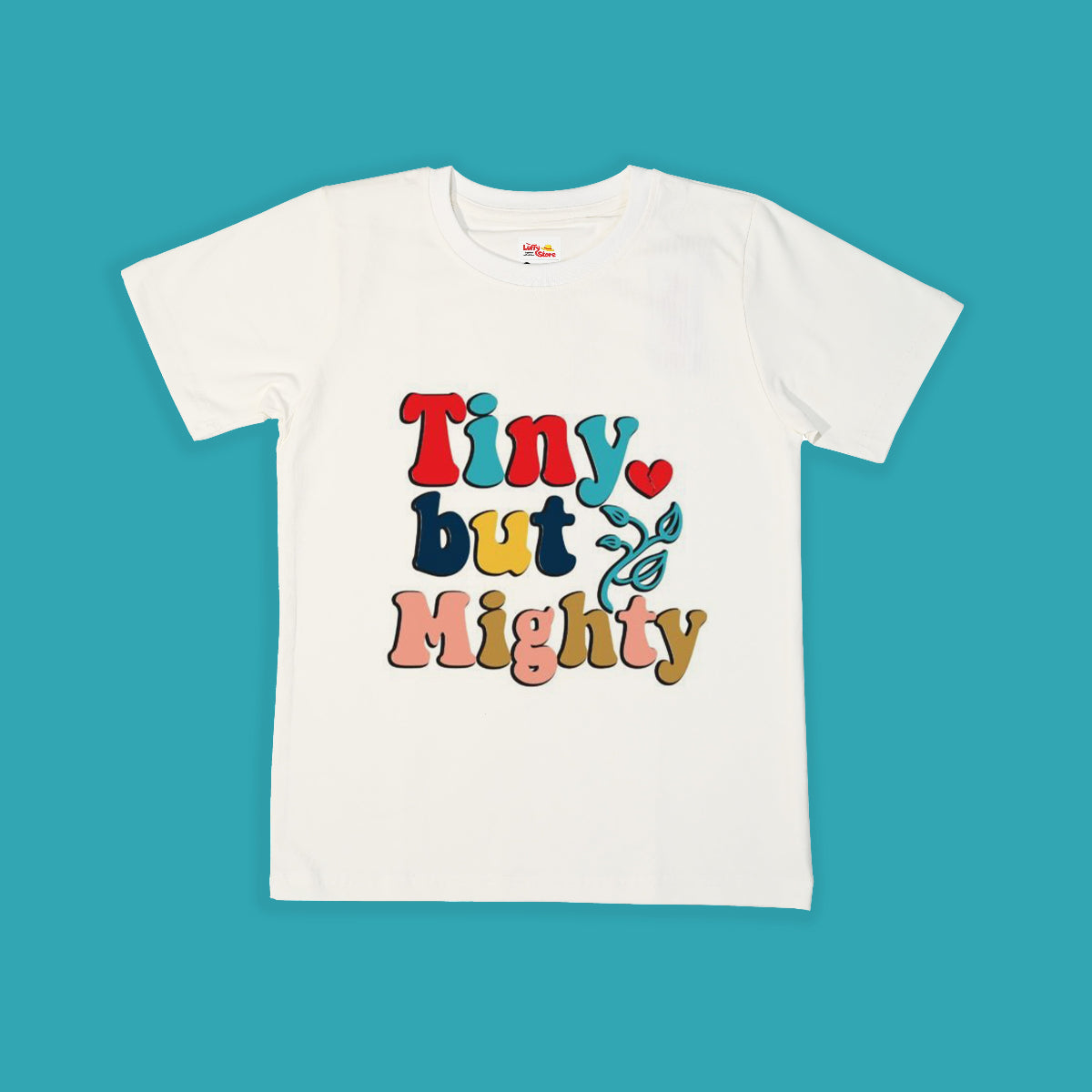 tiny but mighty printed Tshirt with sky blue background