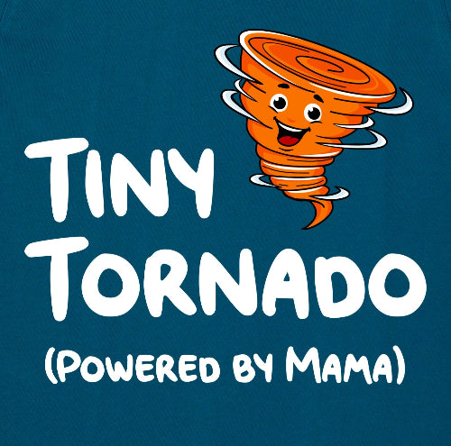 T-shirt with a cartoon tornado and text 'Tiny Tornado (Powered by Mama)' on a blue background