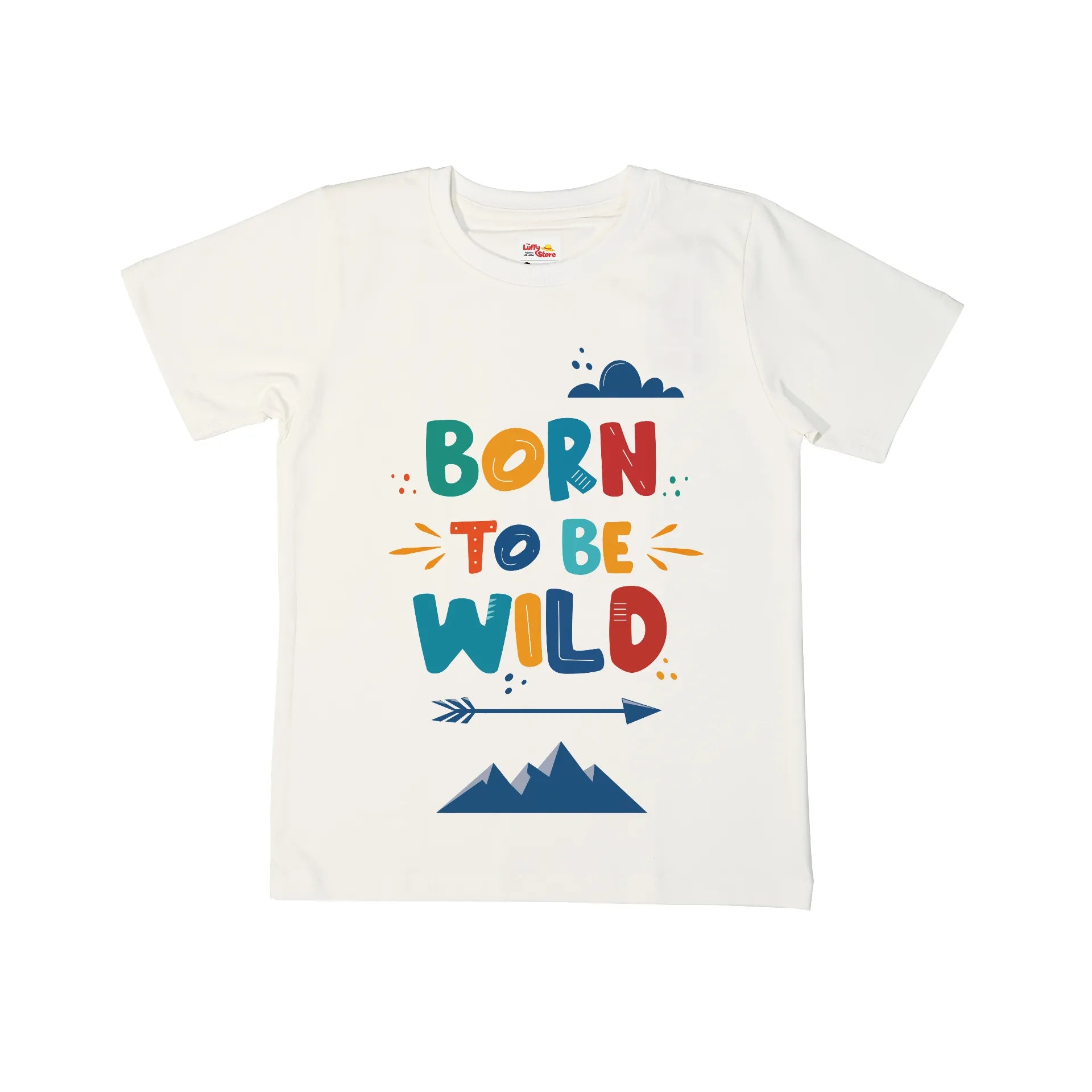 White t-shirt with 'Born to Be Wild' text and mountain design on a white background